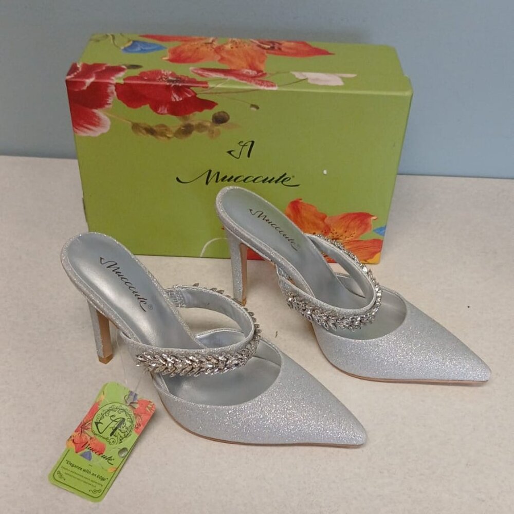Mucccute Silver Rhinestone Strap High Heeled Mules Pointed Dressy Size US 7 NEW